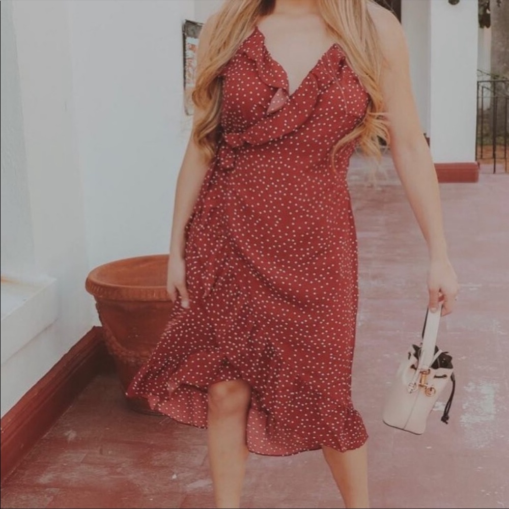 Polka Dot Wrap Ruffle Tie Waist Dress